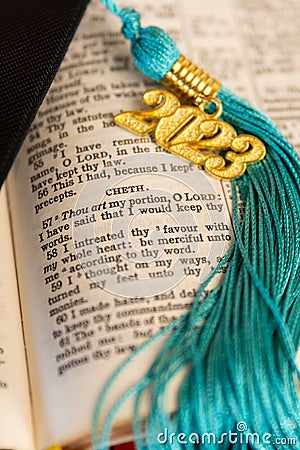 a 2023 graduation tassel on a open Bible Stock Photo