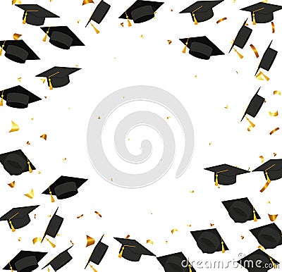Graduation. Transparent background with realistic flying black degree caps confetti balloons and diplomas. Vector image school and Vector Illustration