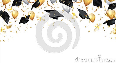 Graduation. Transparent background with realistic flying black degree caps confetti balloons and diplomas. Vector school Vector Illustration