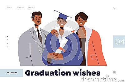 Graduation wishes landing page design template with happy parent and student family portrait Vector Illustration