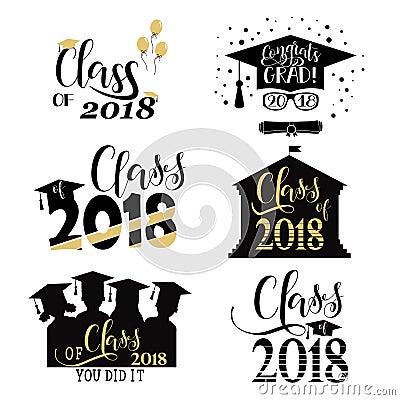Graduation wishes overlays, lettering labels design set. Retro graduate class of 2018 badges. Finish education symbol Cartoon Illustration