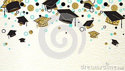 Graduation word with graduate cap, black and gold color, glitter dots on a white background. Congratulation graduates Vector Illustration