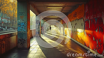 Graffiti-Adorned Urban Walkway Stock Photo