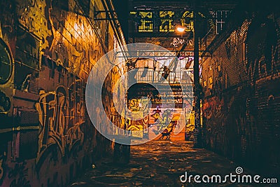 Graffiti Alley at night, in Baltimore, Maryland. Editorial Stock Photo