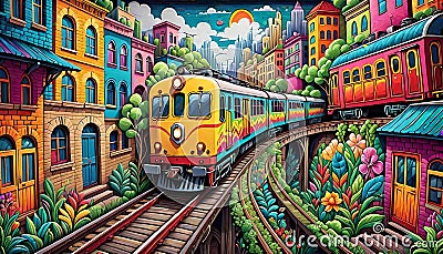 Graffiti art rail car tracks colorful artistic drawing Cartoon Illustration