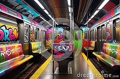 Graffiti Art Splashed Across a Subway Train, Vibrant Tags Intertwining with Skillful Murals, Encapsulating Urban Expression Stock Photo