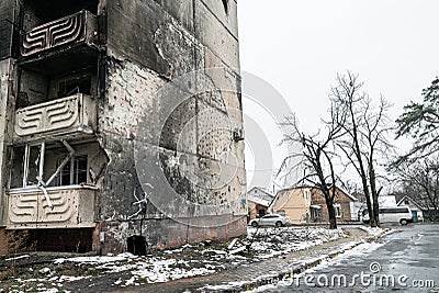 Graffiti by Banksy on a destroyed house in Irpin, Ukraine Editorial Stock Photo