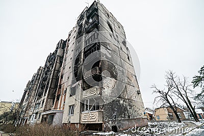 Graffiti by Banksy on a destroyed house in Irpin, Ukraine Editorial Stock Photo