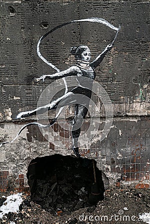 Graffiti by Banksy on a destroyed house in Irpin, Ukraine Editorial Stock Photo