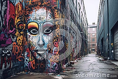 a graffiti covered alleyway with a face painted on the wall Stock Photo