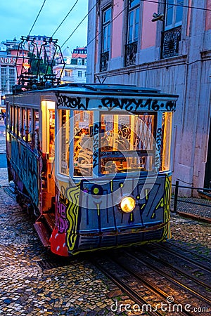 Lisbon Funicular Tram at dusk Editorial Stock Photo