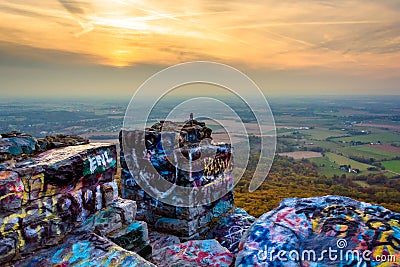 Graffiti covered rocks and overlook of the Cumberland Valley fro Stock Photo