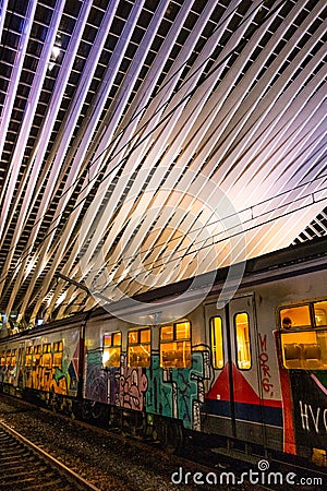 Graffiti-covered train, at Liege-Guillemins train station, designed by Santiago Calatrava Editorial Stock Photo