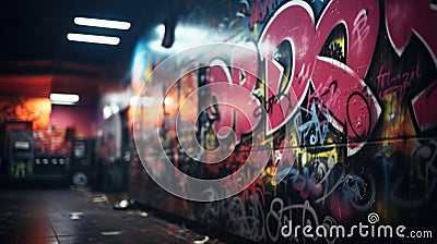 A graffiti covered wall in a dark room, AI Stock Photo