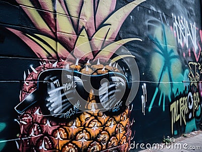 A graffiti covered wall with a pineapple wearing sunglasses. AI generative image. Stock Photo