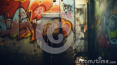 A graffiti covered wall with a trash can, AI Stock Photo