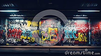 A graffiti covered wall in an underground parking garage, AI Stock Photo