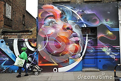 Graffiti done by Mr Cenz in Hanbury Street East London, England Editorial Stock Photo