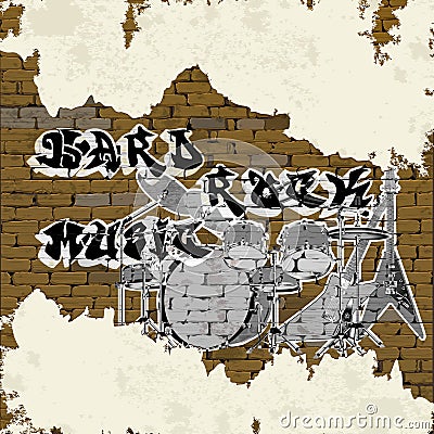 Graffiti hard rock music on an old brick wall Vector Illustration
