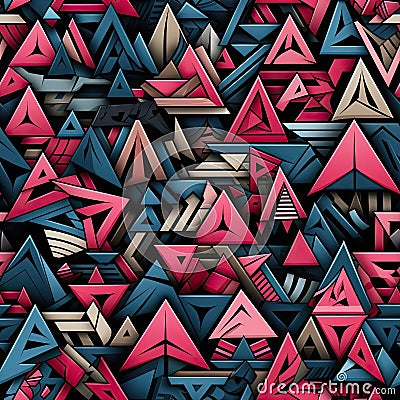 Graffiti-inspired pattern of red and blue triangles on black (tiled) Stock Photo