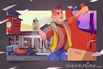 Graffiti painter in ghetto cartoon landing Vector Illustration