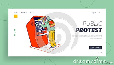 Graffiti Painter Waste Atm Landing Page Template. Male Character Wearing Hoodie Spraying Paint from Aerosol Bottle Vector Illustration