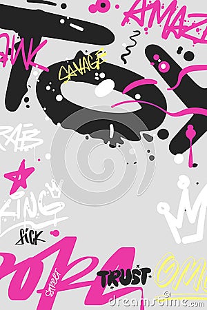 Graffiti poster with colorful tags. Street art cover in hand drawn graffiti style Vector Illustration
