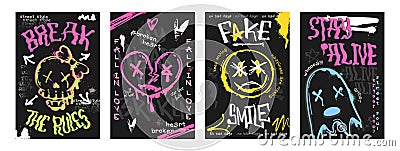 Graffiti poster with spray paint skull, heart sign, ghost, smiling face emoji. Vector Illustration