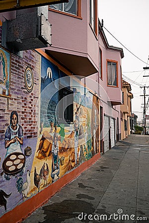 Graffiti on a side wall in downtown mission San Francisco Editorial Stock Photo