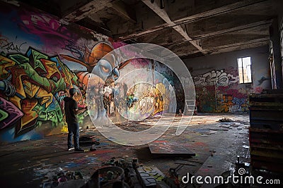 graffiti sprayer artist creating large-scale mural in abandoned factory building Stock Photo