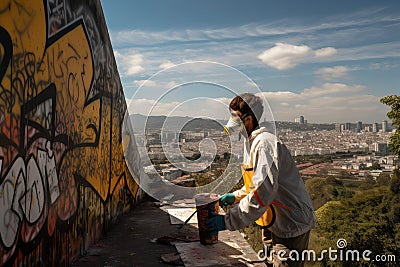 graffiti sprayer artist working on mural in public space, with view of the surrounding city visible Stock Photo