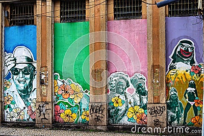 Graffiti street art murals line the streets and back alleys of Rio de Janeiro, Santa Teresa district in Brazil Editorial Stock Photo