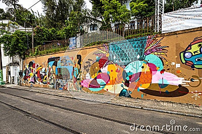 Graffiti street art murals line the streets and back alleys of Rio de Janeiro, Santa Teresa district in Brazil Editorial Stock Photo