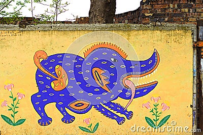 Graffiti. Streetart. Mythical animal on the wall. Editorial Stock Photo