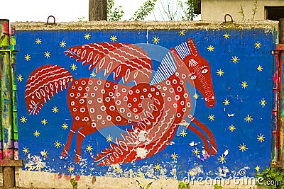 Graffiti. Streetart. Ukrainian drawing of a flying horse Editorial Stock Photo