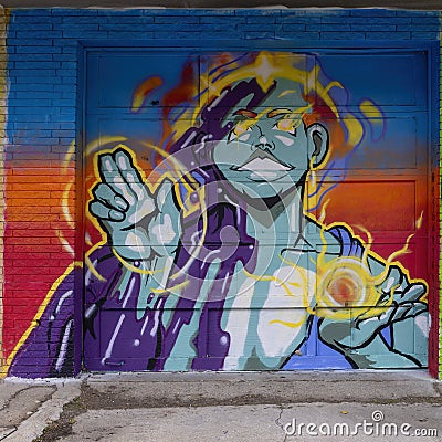 Graffiti style mural by artist Raymond Garza for the Wild West Mural Fest 2023 in the Tin District of Dallas, Texas. Editorial Stock Photo
