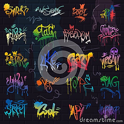 Graffiti vector graffito of brushstroke lettering or graphic grunge typography illustration set of street text with love Vector Illustration