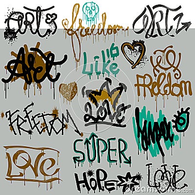 Graffiti vector street art graffity grunge font by spray or brush stroke on wall illustration urban set of love freedom Vector Illustration