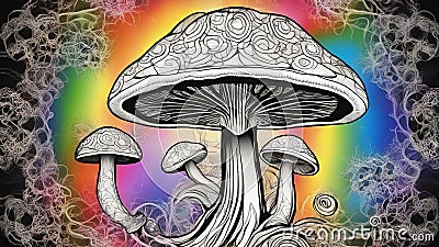 graffiti on the wall _A black and white psychedelic pattern with magic mushrooms over sacred geometry on a rainbow Stock Photo