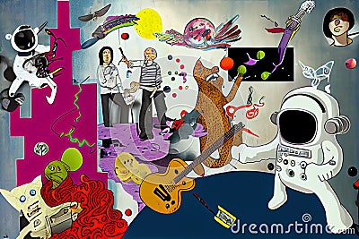 Graffiti on wall, pop art, astronaut, octopus, guitar witch cat Stock Photo