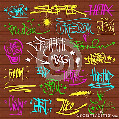 Graffity grunge color font text phrases on wall vector alphabet Vector Illustration