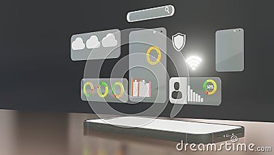 Grafik Simbol Windows dan Ikon WiFi pada Handphone dengan Elemen Kunci, Pengguna, Pie, Cloud Stock Photo