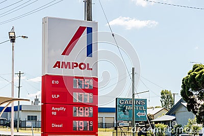 Ampol petrol service station display with fuel prices Editorial Stock Photo