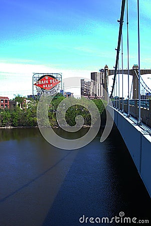 Grain Belt Beer Sign and Hennepin Avenue Bridge in Minneapolis Editorial Stock Photo