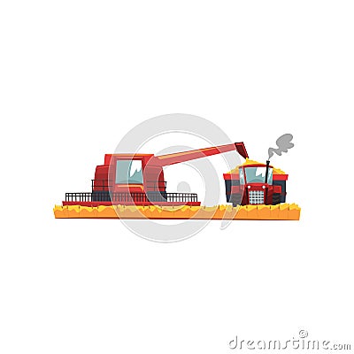 Grain combine harvester and tractor working in field, agricultural machinery vector Illustration on a white background Vector Illustration