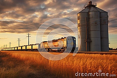 grain elevator with a train passing by, emphasizing transportation Stock Photo