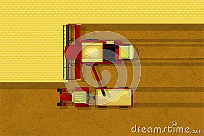 Grain harvester combine. Top view of harvester combine and tractor with trailer on field. Farmer work and harvesting, agriculture Vector Illustration