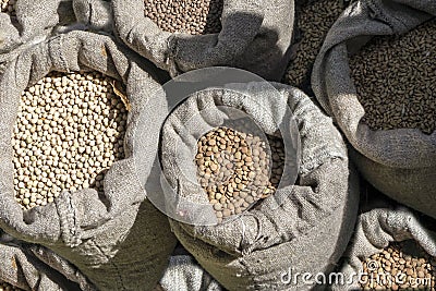 Grain products in canvas bags Stock Photo