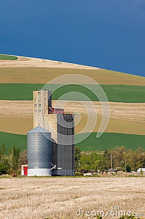 Grain silo and elevator in field Stock Photo