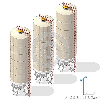 Grain silo, isometric ochre building info graphic on white background. Vector Illustration